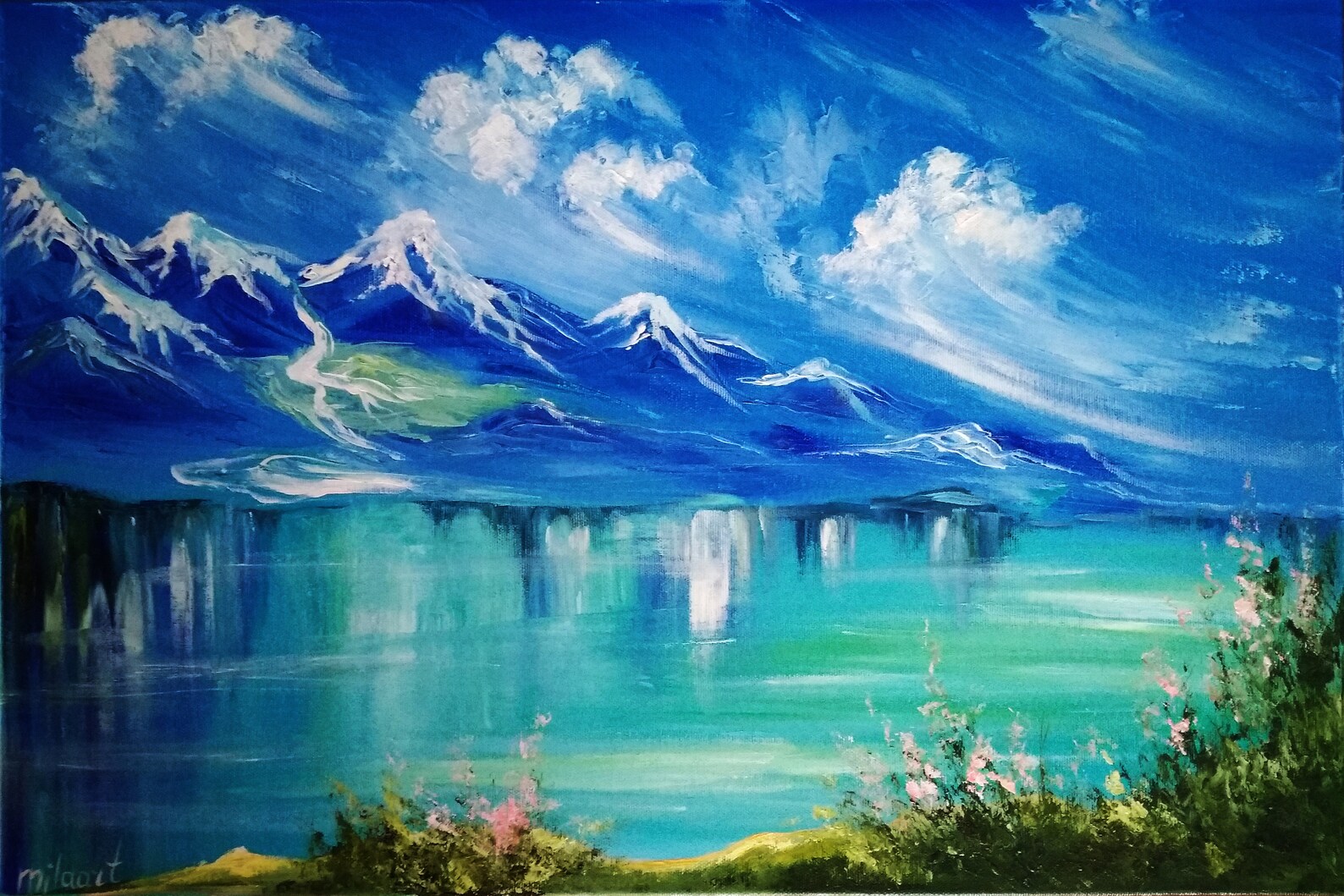 Lake painting Mountains Abstract Original oil painting Impasto Etsy