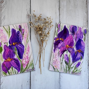 Purple iris painting 2 piece mini canvas painting Meadow original oil painting Floral artwork Gallery wall set Impasto flowers art
