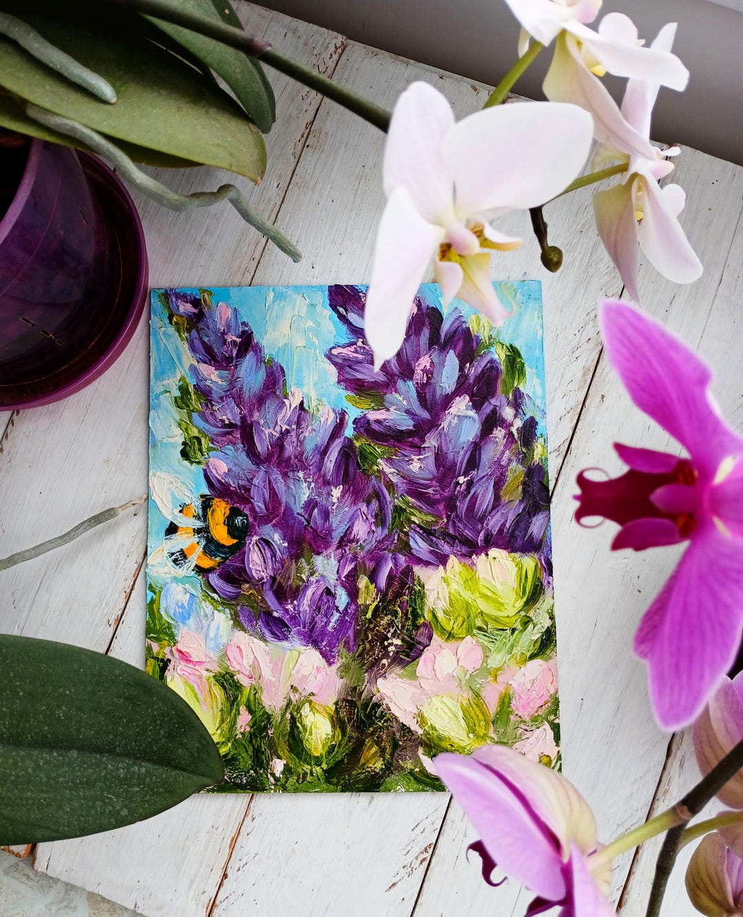 Purple Blue Floral Oil Painting, Impasto Abstract Flower Painting, Mini ...