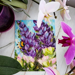 Purple blue floral oil painting, impasto abstract flower painting, mini canvas painting, bright meadows, small oil painting by MilaPollyart