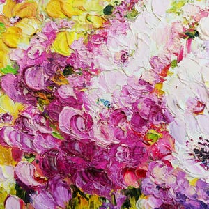 Arte abstracto en lienzo pequeño, mini pintura rosa, obra de arte empastada, arte abstracto floral, arte de campo de flores de pradera, decoración de apartamentos imagen 3