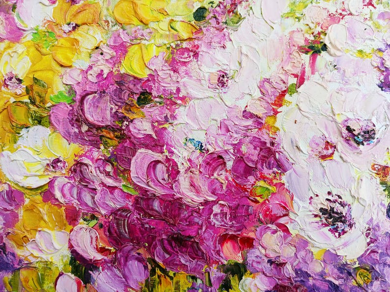 Arte abstracto en lienzo pequeño, mini pintura rosa, obra de arte empastada, arte abstracto floral, arte de campo de flores de pradera, decoración de apartamentos imagen 3