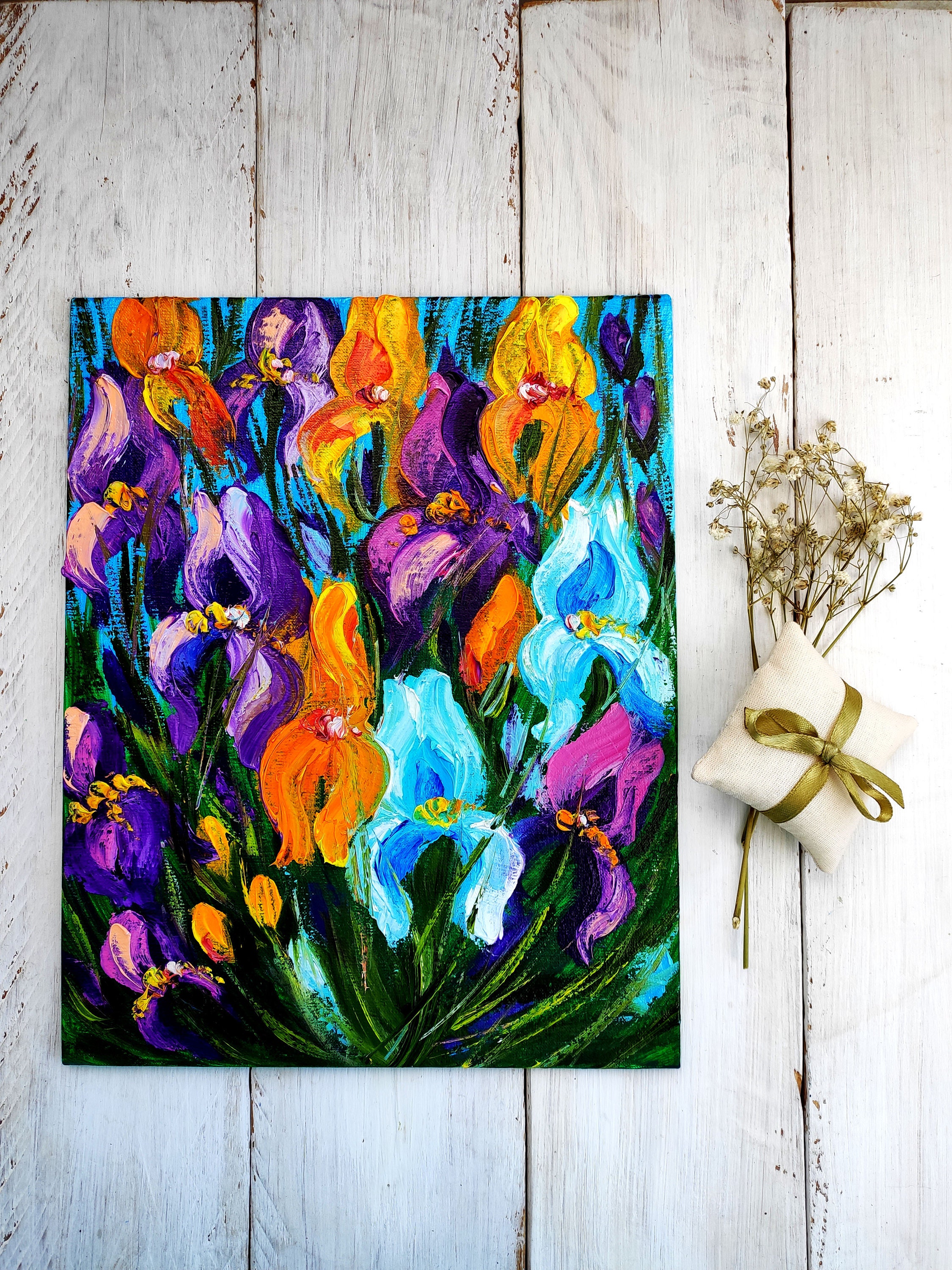 Original iris painting impasto flowers art oil painting on | Etsy