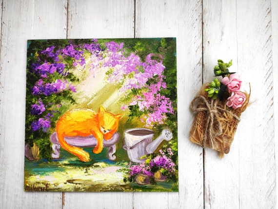 オレンジ色の猫の絵 猫のアート 子猫のミニ油絵 猫好きへのギフトの