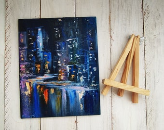 Originales Ölgemälde „Nachtstadt“ auf Leinwand, Skyline von New York, Weihnachtsgeschenk, Spachteltechnik, Cyberpunk-Kunstwerk, Geschenk für den Schwiegervater