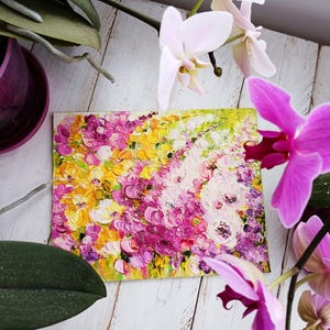 Arte abstracto en lienzo pequeño, mini pintura rosa, obra de arte empastada, arte abstracto floral, arte de campo de flores de pradera, decoración de apartamentos imagen 7