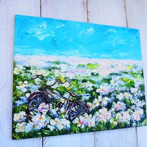 Fahrrad im Blütengarten Miniatur-Ölgemälde Impasto Landschaft Provence Kunst Bauernhof Landschaft Hinterhofgarten Kleine Blumenmalerei Bild 7