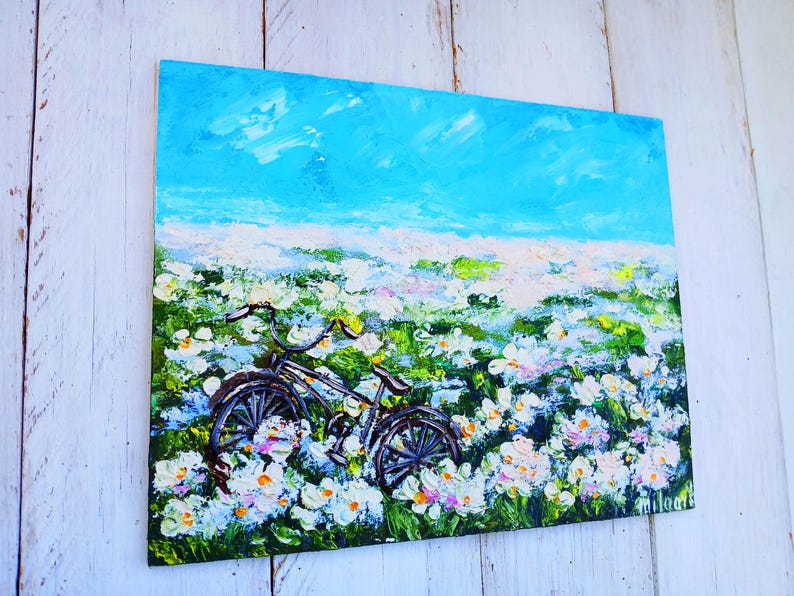 Fahrrad im Blütengarten Miniatur-Ölgemälde Impasto Landschaft Provence Kunst Bauernhof Landschaft Hinterhofgarten Kleine Blumenmalerei Bild 7