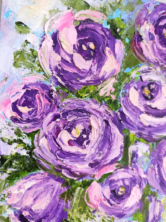 キャンバスに描かれた紫のバラの油絵 花の抽象芸術作品 テクスチャの