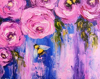 紫のバラの花のアートオリジナル油絵キャンバス、ライラックの抽象的な