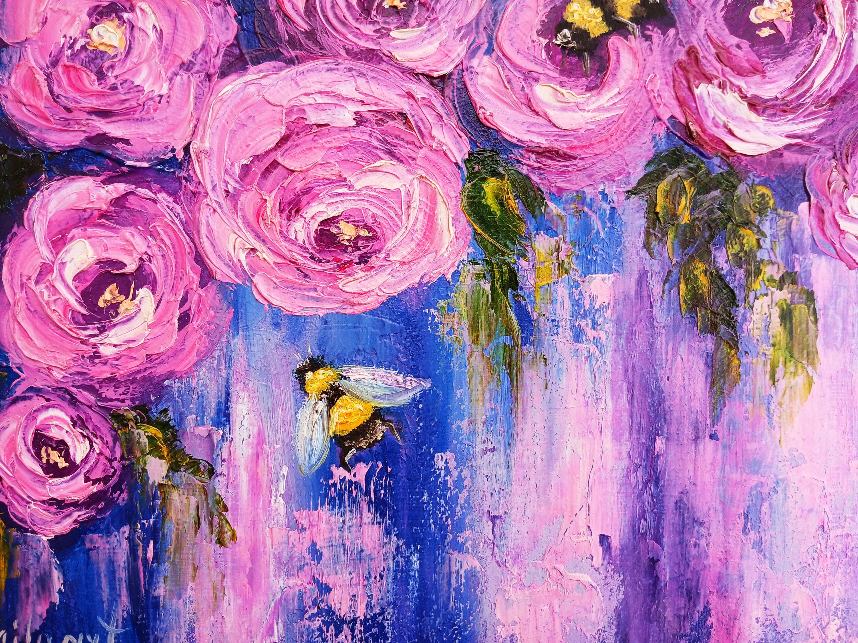 紫のバラの花のアートオリジナル油絵キャンバス、ライラックの抽象的な