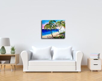 Hawaii Large canvas art Hawaii oil painting Scenic landscape Panoramic wall art Tropical wall art Ocean artwork Beach palms painting