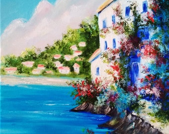 Amalfi coast oil painting Positano wall art Large canvas wall art Cottagecore decor Countryside Italy landscape Seascape Palette knife
