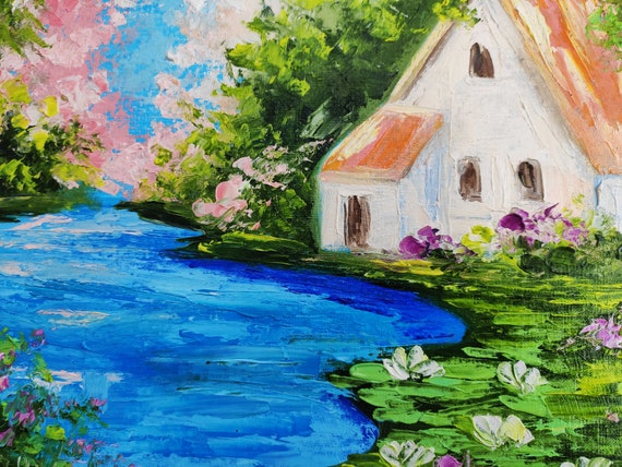 湖畔の家 オリジナル油絵キャンバス インパスト 自然の風景 湖と