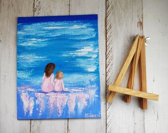 母と娘 ミニチュア絵画 オリジナル油絵キャンバス ビーチの風景 素敵な