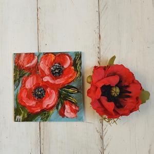 Pintura de papoula 4x4 pintura a óleo Impasto arte floral Mini arte em tela Pequena arte em flor Pintura de jardim Arte texturizada por MilaPollyart