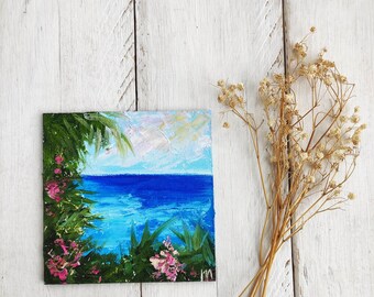 ハワイの絵画ミニアート 4x4 油絵 記念日のプレゼント トロピカル