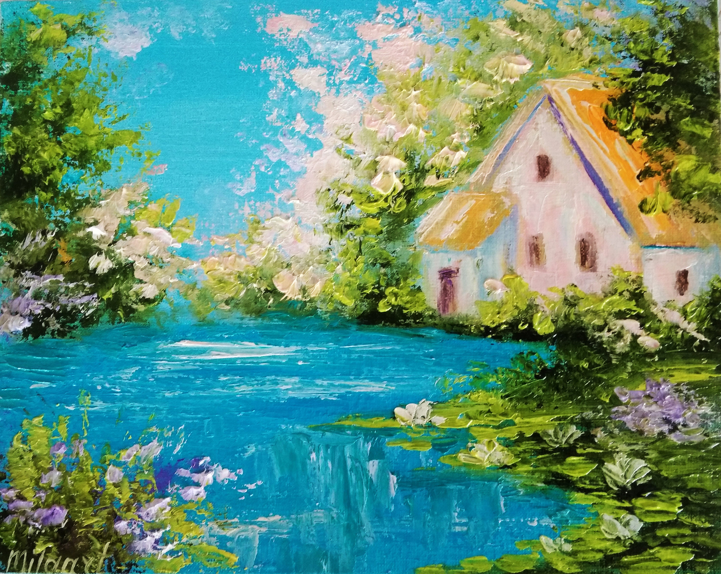 Lake house Original oil painting canvas Impasto Nature Etsy