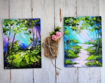 Set small canvas Summer forest original oil painting Impasto Forest mini art Lovely greeting painting Mini birthday gift Mini canvas art