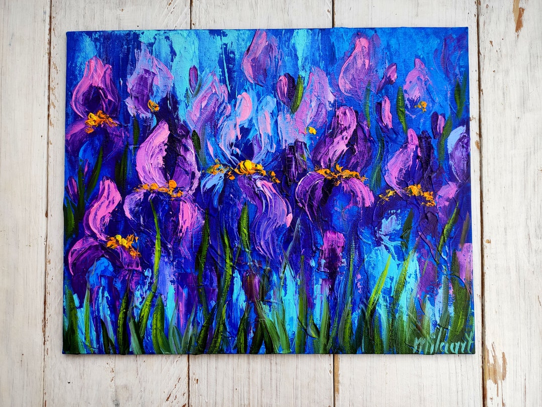 Purple Iris Painting, Impasto Flowers Art, Meadow Oil Painting on ...