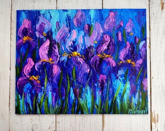 紫色のアイリスの絵画、厚塗りの花のアート、キャンバスに描かれた草原の油絵、姉妹への贈り物、紫色の花の壁アート、花の寝室のアートワーク