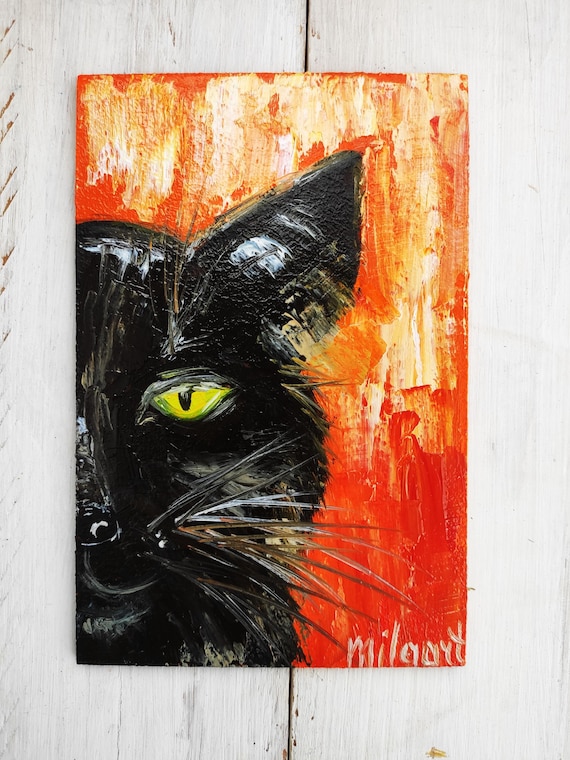 絵画 猫 猫の絵 アート ミニ画 黒猫 cat art arte katze ペットの肖像画、オリジナルの猫の油絵、猫の肖像画、黒猫、猫の