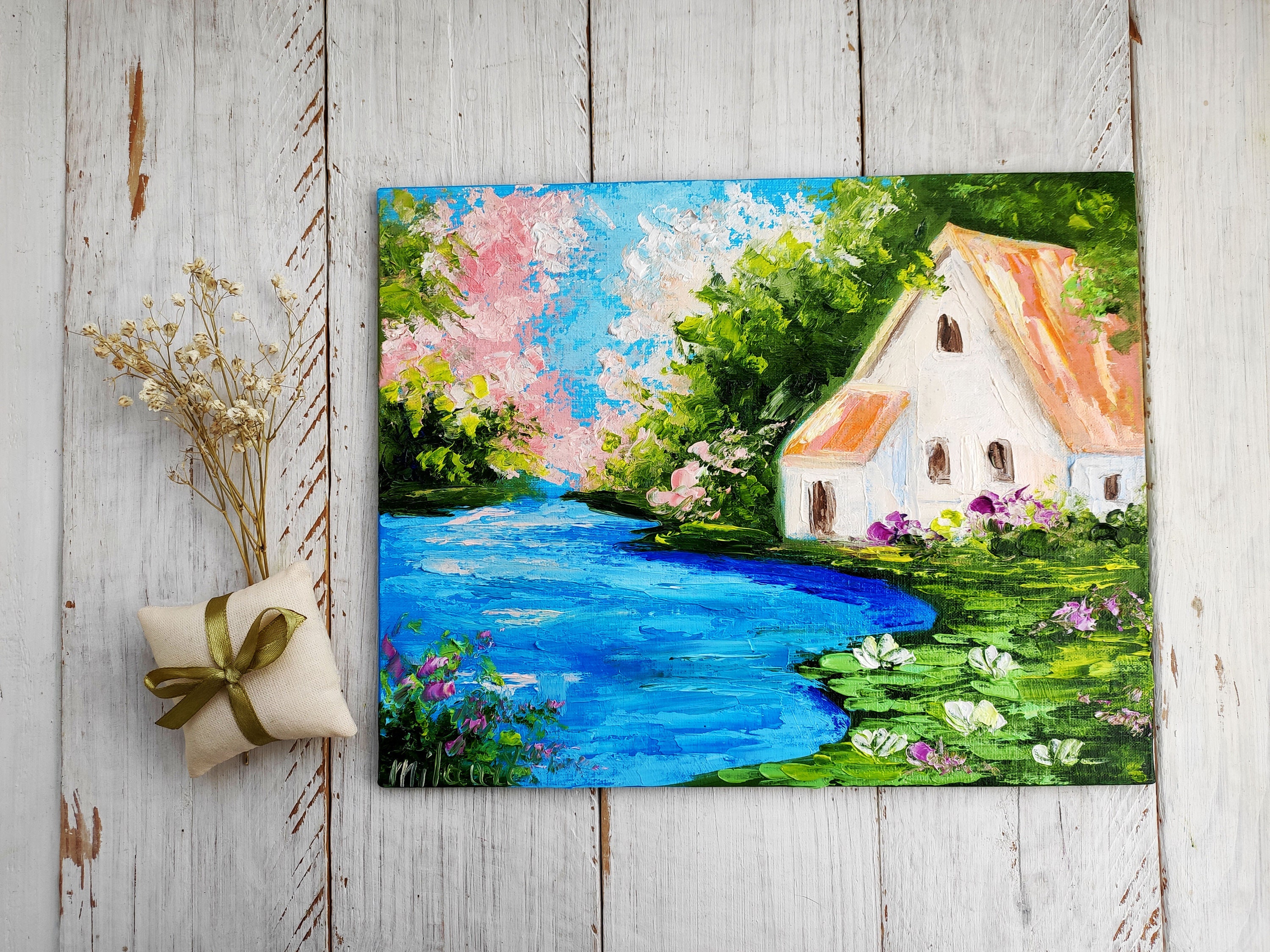 湖畔の家 オリジナル油絵キャンバス インパスト 自然の風景 湖と