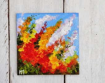 Klein abstract botanisch schilderij Paletmes schilderij gele tuin bloemen schilderij appartement decor wilde bloemen schilderij bloemsierkunst