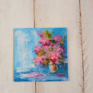 Flores mini tela arte 4x4 pintura cartão de aniversário exclusivo buquê de flores rosa pintura cartão de agradecimento pintura a óleo floral flor impasto