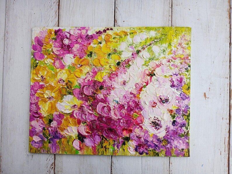 Arte abstracto en lienzo pequeño, mini pintura rosa, obra de arte empastada, arte abstracto floral, arte de campo de flores de pradera, decoración de apartamentos imagen 1