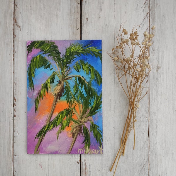 Peinture à l'huile originale tropicale de palmiers paysage californien Hawaï palmiers arbre oeuvre d'art salutation mini peinture art mural coloré empâtement