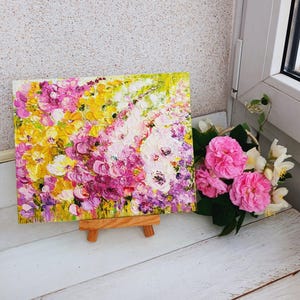 Arte abstracto en lienzo pequeño, mini pintura rosa, obra de arte empastada, arte abstracto floral, arte de campo de flores de pradera, decoración de apartamentos imagen 9