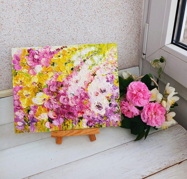 Arte abstracto en lienzo pequeño, mini pintura rosa, obra de arte empastada, arte abstracto floral, arte de campo de flores de pradera, decoración de apartamentos imagen 9