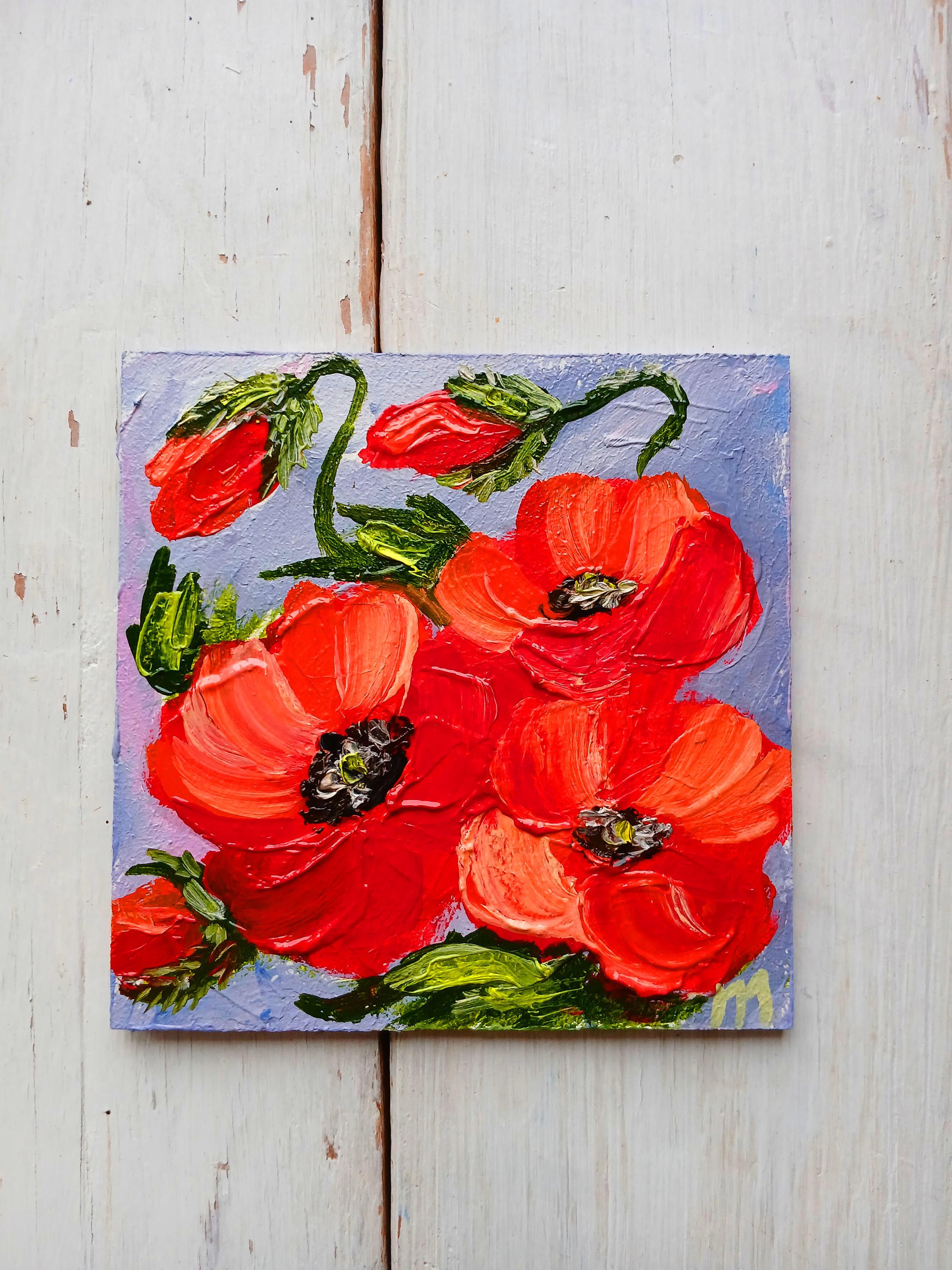 Poppy Painting 4x4 Oil Painting Impasto Floral Artwork Mini Canvas Art ...