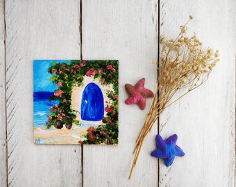 Mini landschap origineel olieverfschilderij Impasto kunst groet vriend aanwezig klein zeegezicht mooie miniatuur zee kaart schilderij boerderij