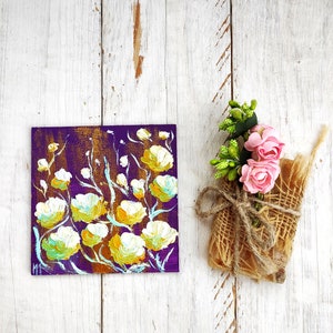 Small floral abstract painting, impasto artwork, mini purple gold abstract, thanks you gift small, tiny flowers art, small husband gift