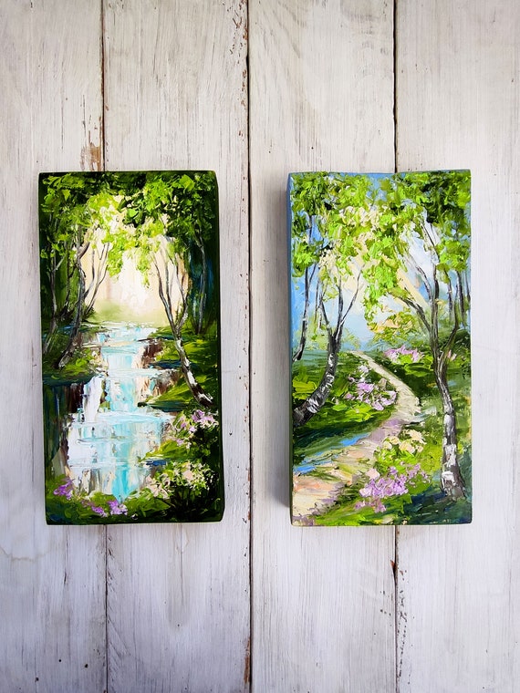 Sunny forest painting on wood, two piece wall art, gallery wall set, birch tree art, impasto painting, homemade art, gallery wall decor