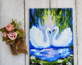 湖の上の白鳥 ミニチュア絵画 オリジナル油絵キャンバス インパスト