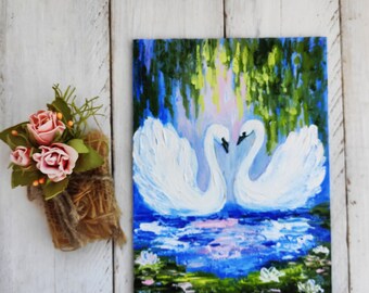湖の上の白鳥 ミニチュア絵画 オリジナル油絵キャンバス インパスト