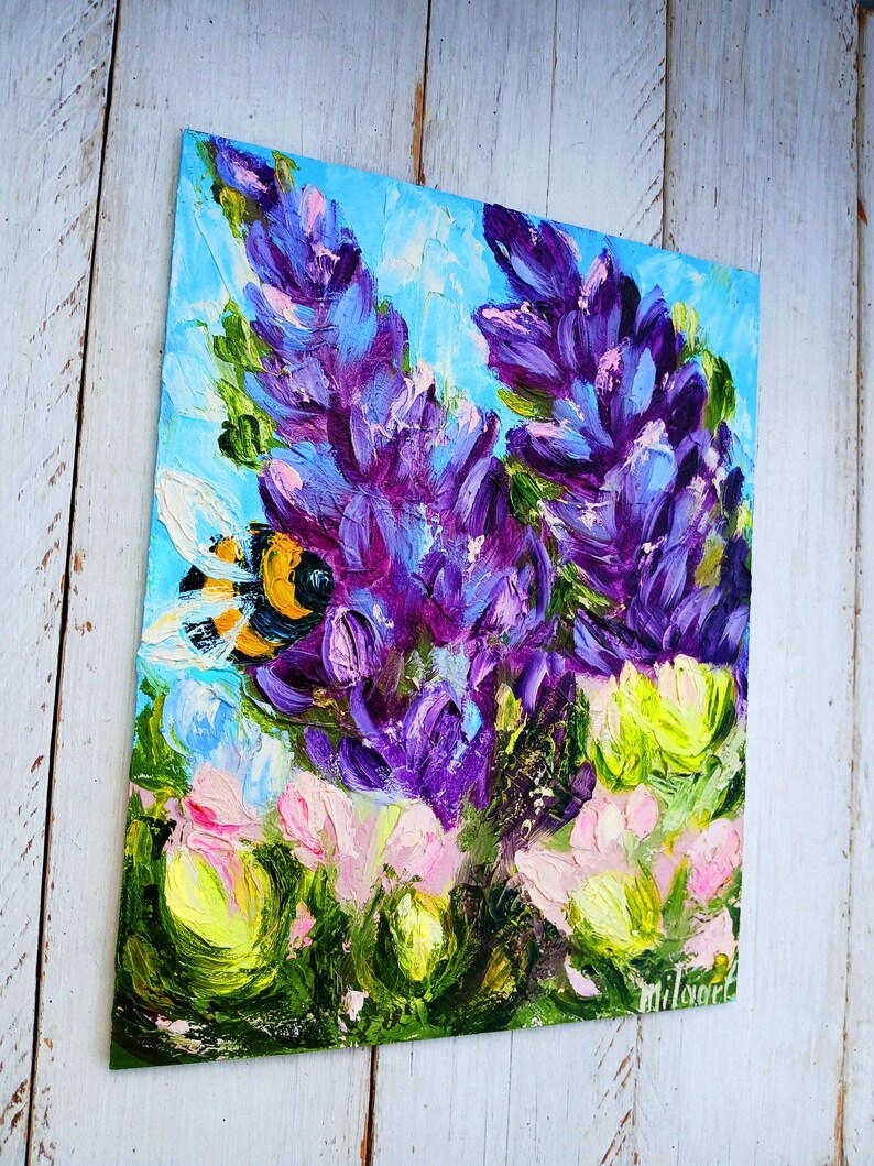 Purple Blue Floral Oil Painting, Impasto Abstract Flower Painting, Mini ...