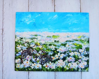 Bike in blossom garden miniature oil painting Impasto landscape Provence art Farm countryside Backyard garden Small floral painting