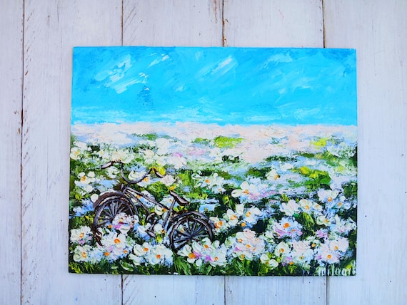 Bike in blossom garden miniature oil painting Impasto landscape Provence art Farm countryside Backyard garden Small floral painting