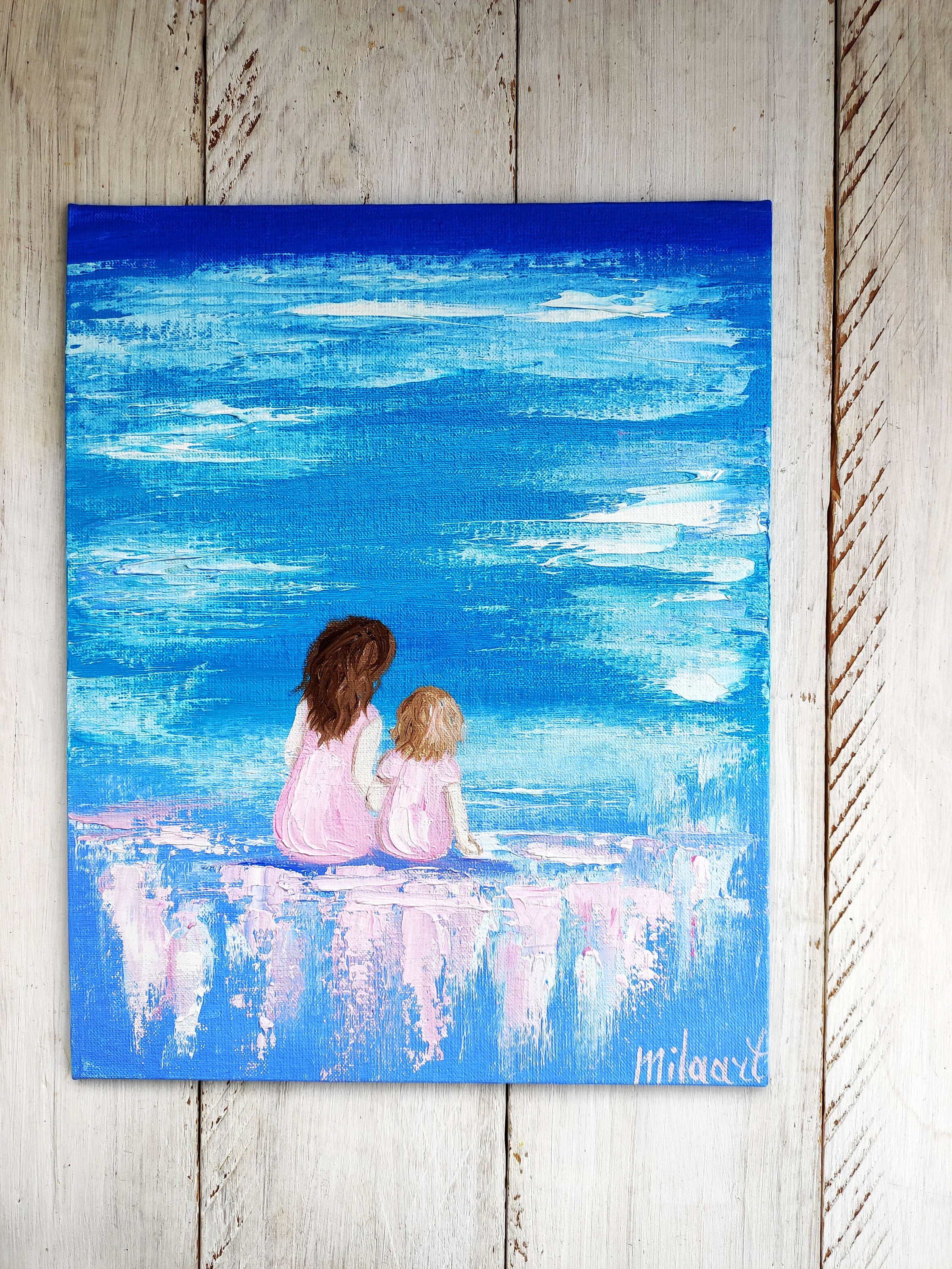 油彩画 子供と女性の風景 母と娘 ミニチュア絵画 オリジナル油絵キャンバス ビーチの風景 素敵な