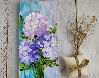 Floral abstract mini painting on wood Hydrangea Impasto flowers Original oil painting Colorful garden flower Mother gift idea