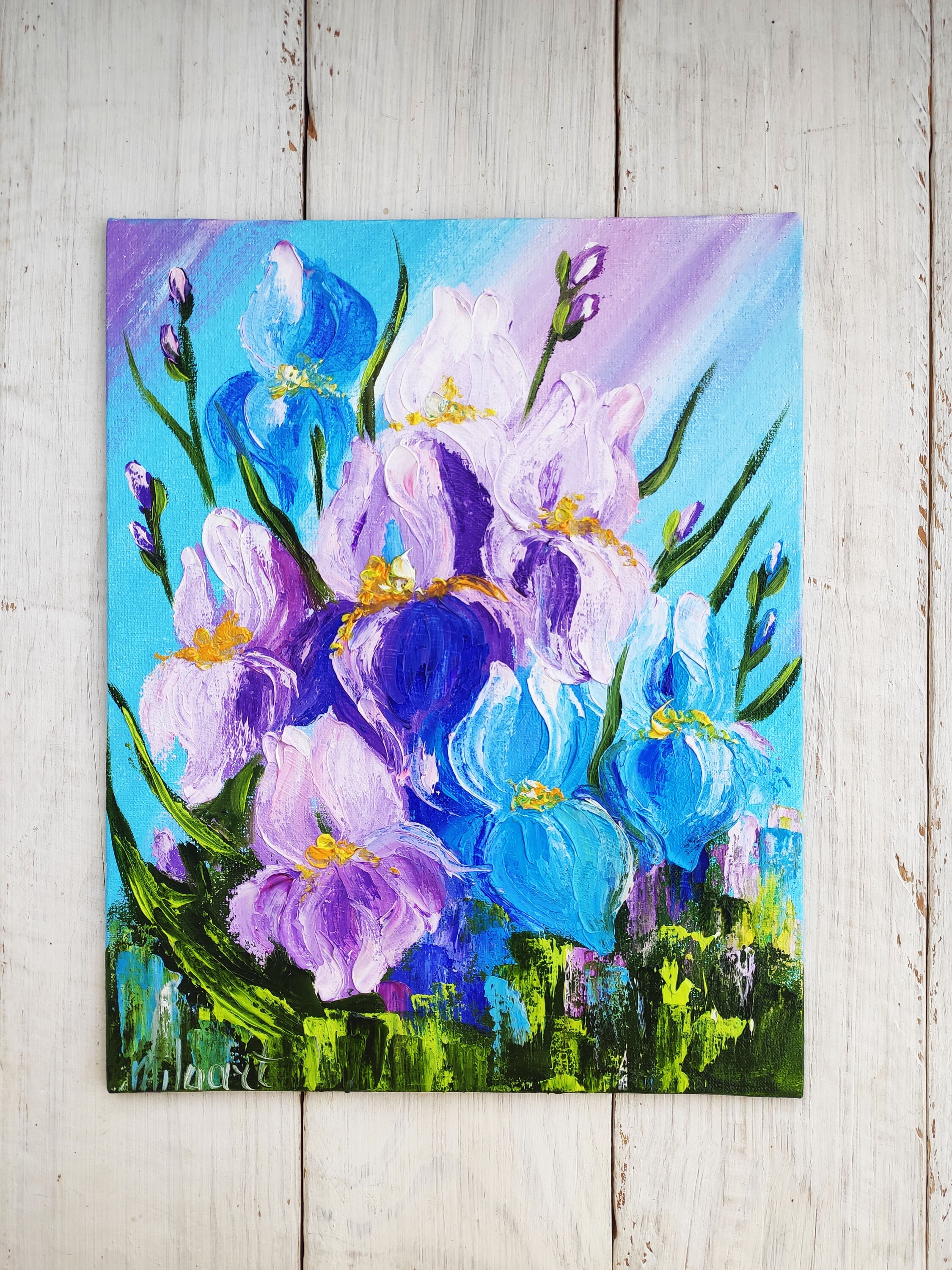 アイリスの花の絵画 インパストアートワーク 草原の花の静止抽象