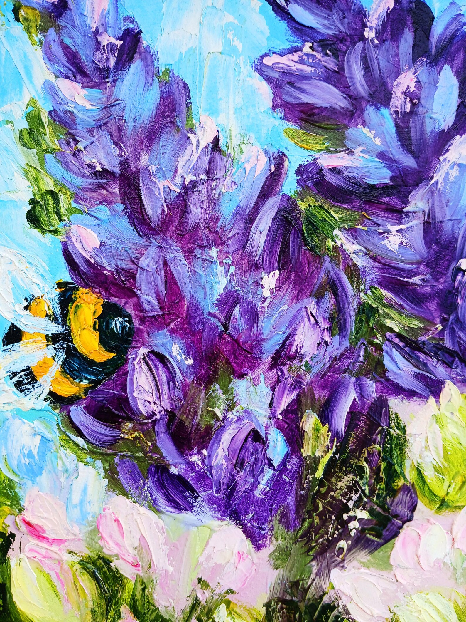 Purple Blue Floral Oil Painting, Impasto Abstract Flower Painting, Mini ...