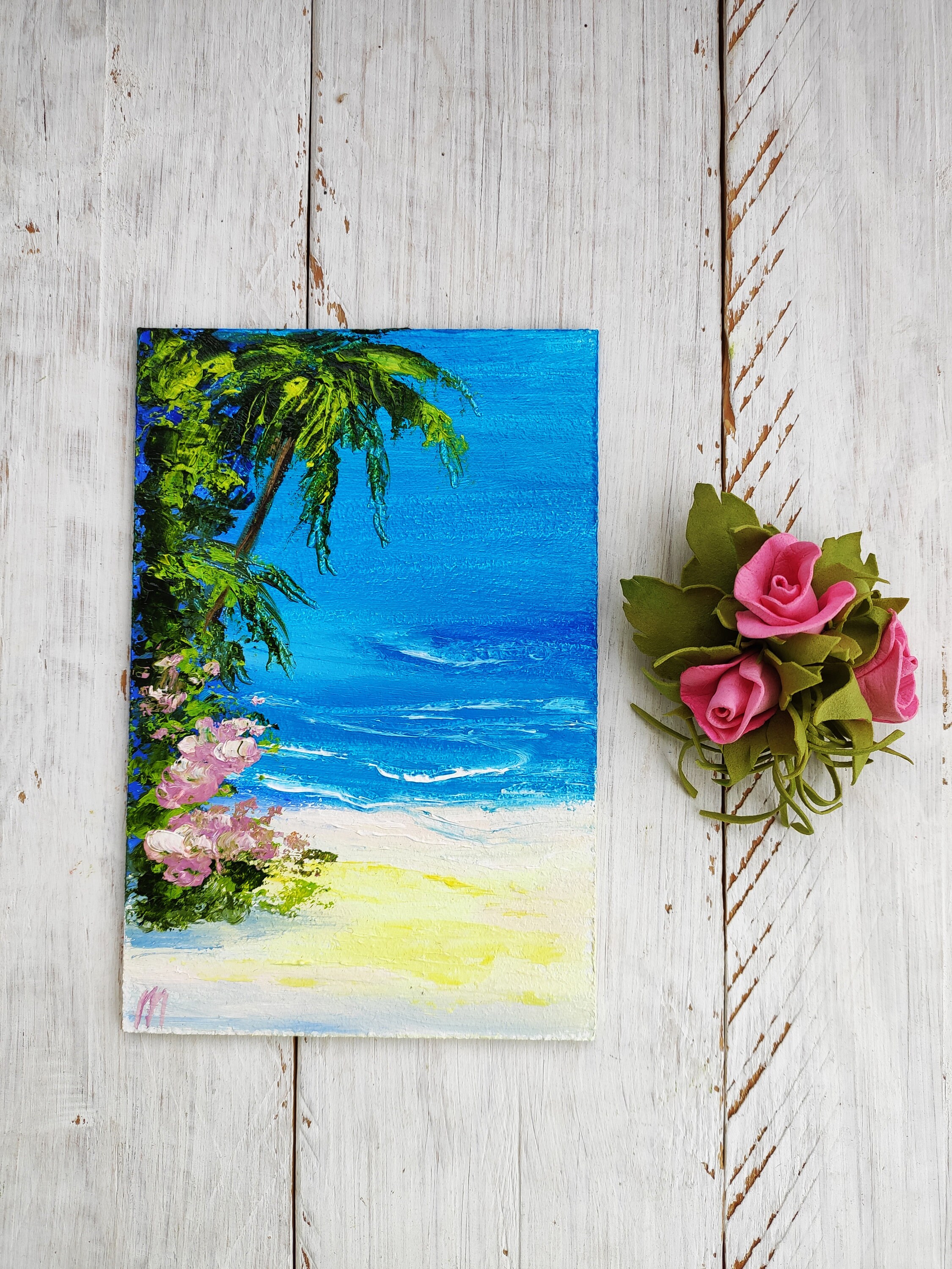 ハワイアン トロピカル ビーチ ヤシの木 オリジナル 油絵 パラダイス