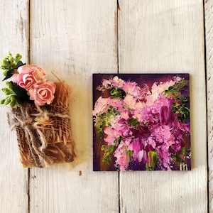 Mini canvas art Presents for mom Purple flowers Small abstract original 4x4 oil painting Mini floral artwork Bright art Mom presents