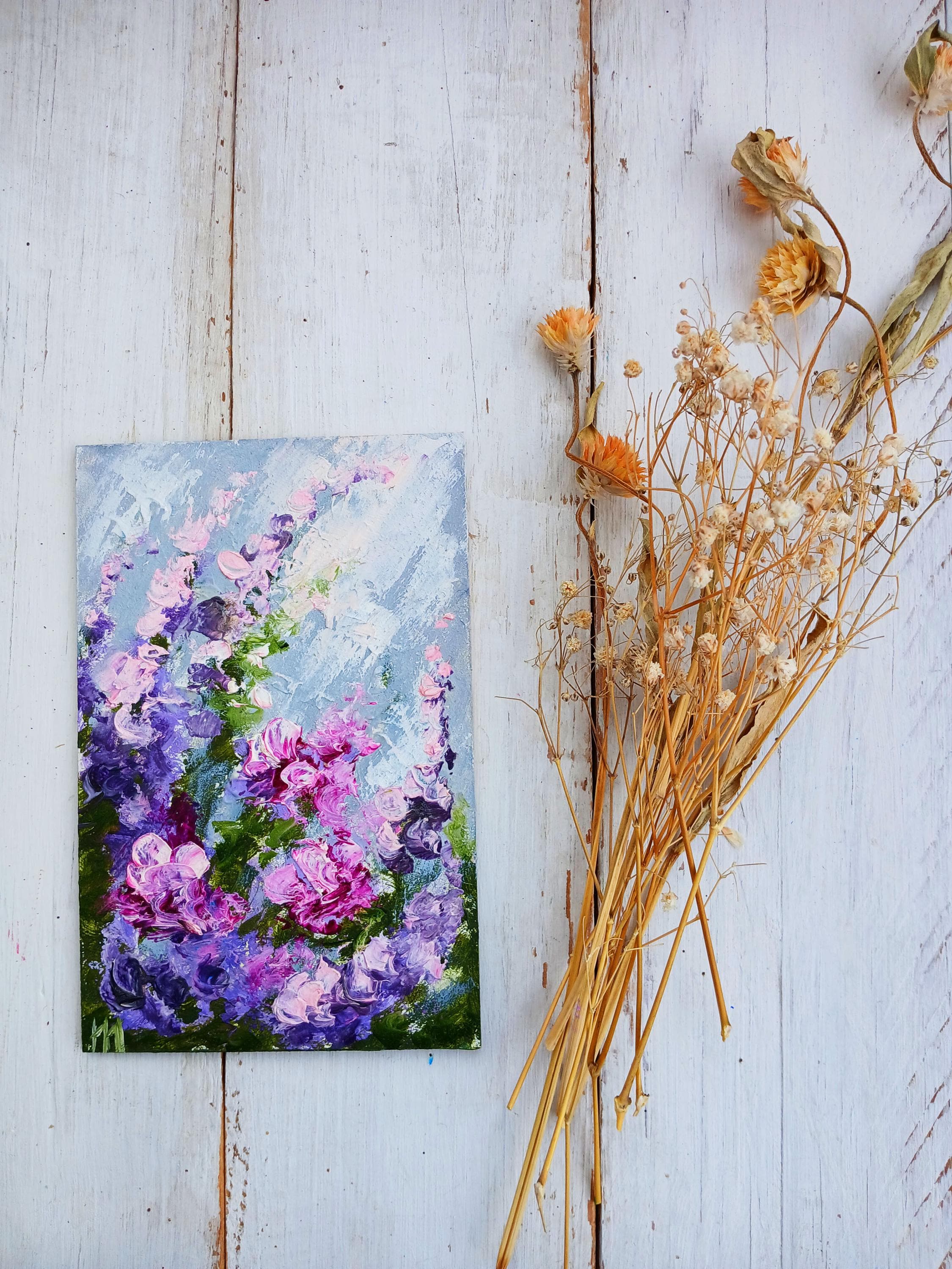 キャンバス油絵　専用　カラフルなお花をたくさん入れた花瓶 happy! 花のミニキャンバス絵画 母の日おめでとう 花の油絵 お母さんへの絵画