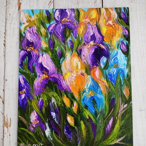 Original iris painting, impasto flowers art, oil painting on canvas, mom day gift idea, purple yellow wall art, floral bedroom artwork